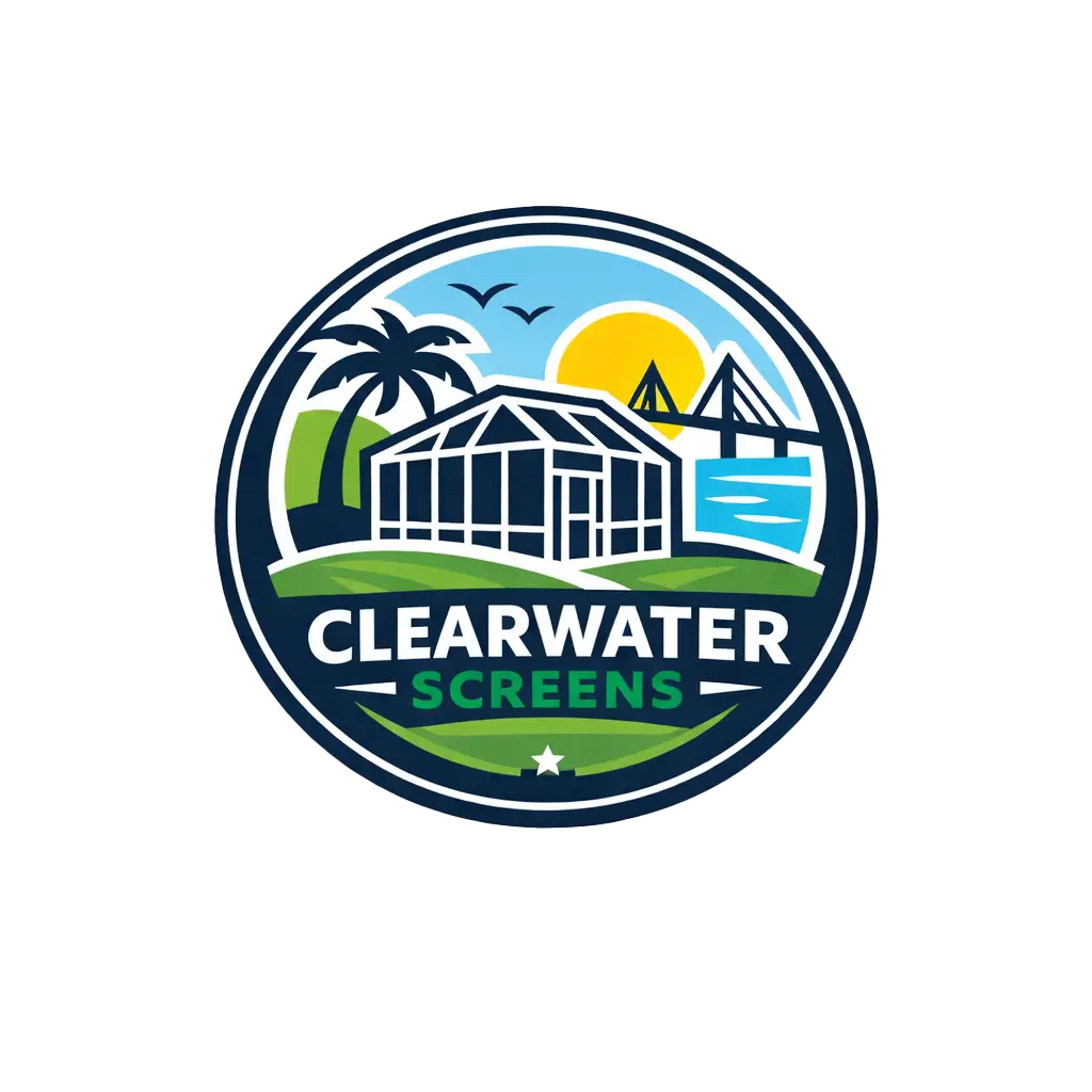 Clearwater Screens logo for screen enclosure installation in Clearwater, FL with palm and sun